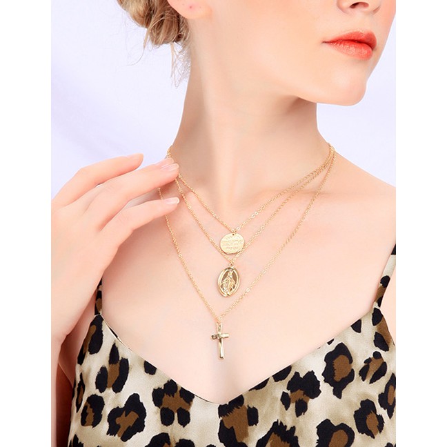 LRC Kalung Fashion Gold Geometric Coin Cross Multilayer Necklace D03279