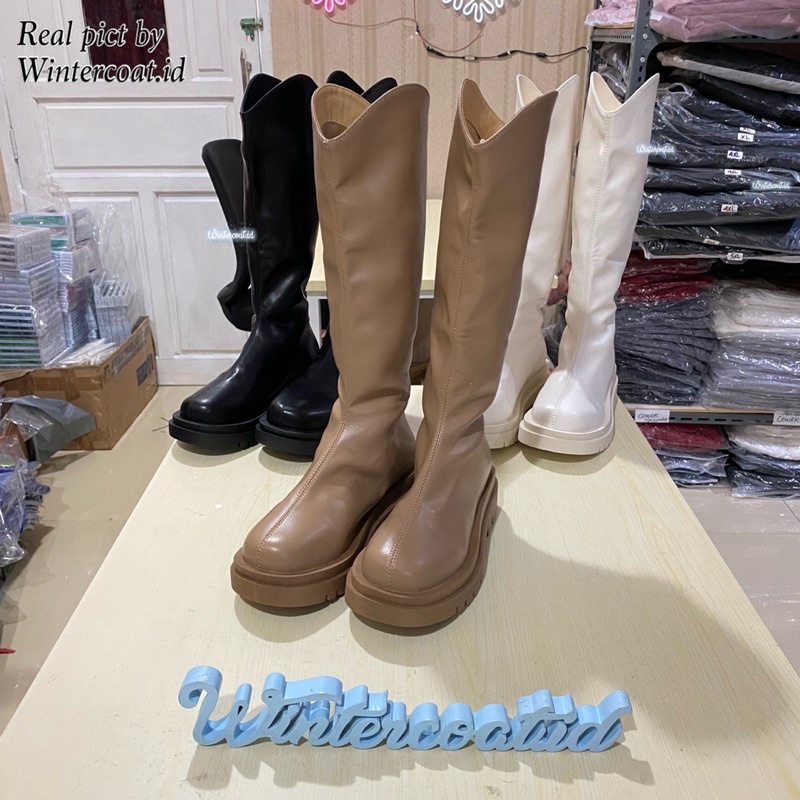 Leather High knee boots import wanita Yve sepatu overknee high knee boot cewek korea fashionable heels