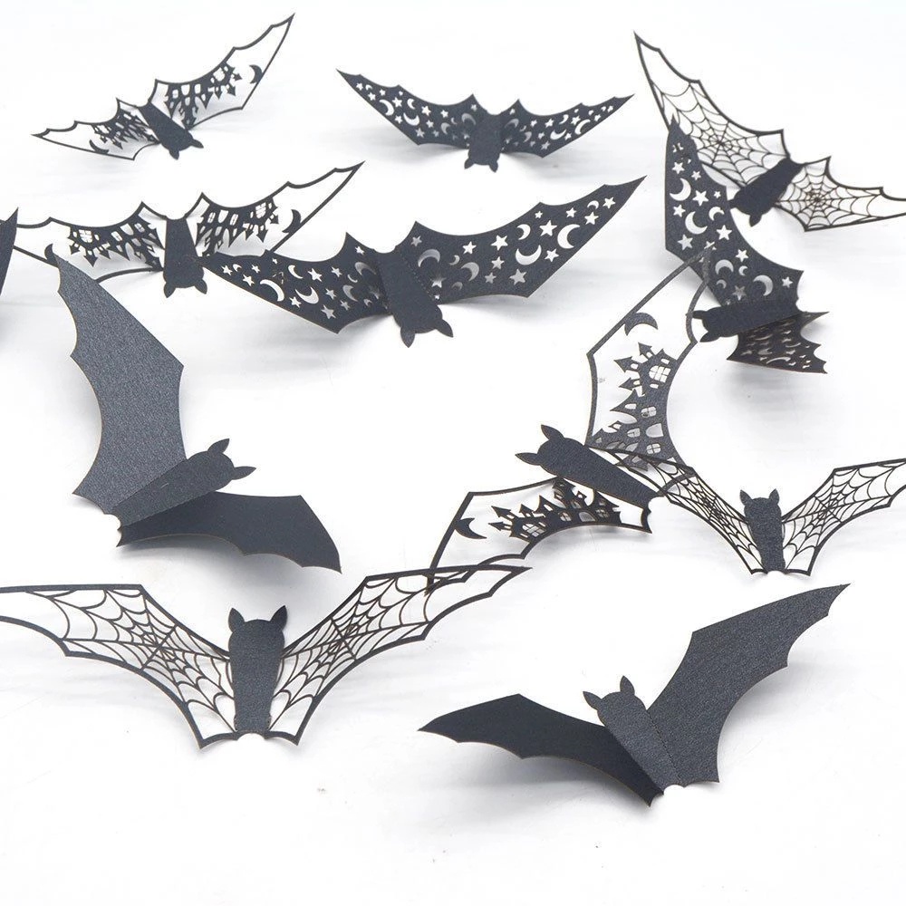 12pcs / set Stiker Dinding 3D Desain Kelelawar Hollow Bahan Kertas Warna Hitam Untuk Dekorasi Halloween