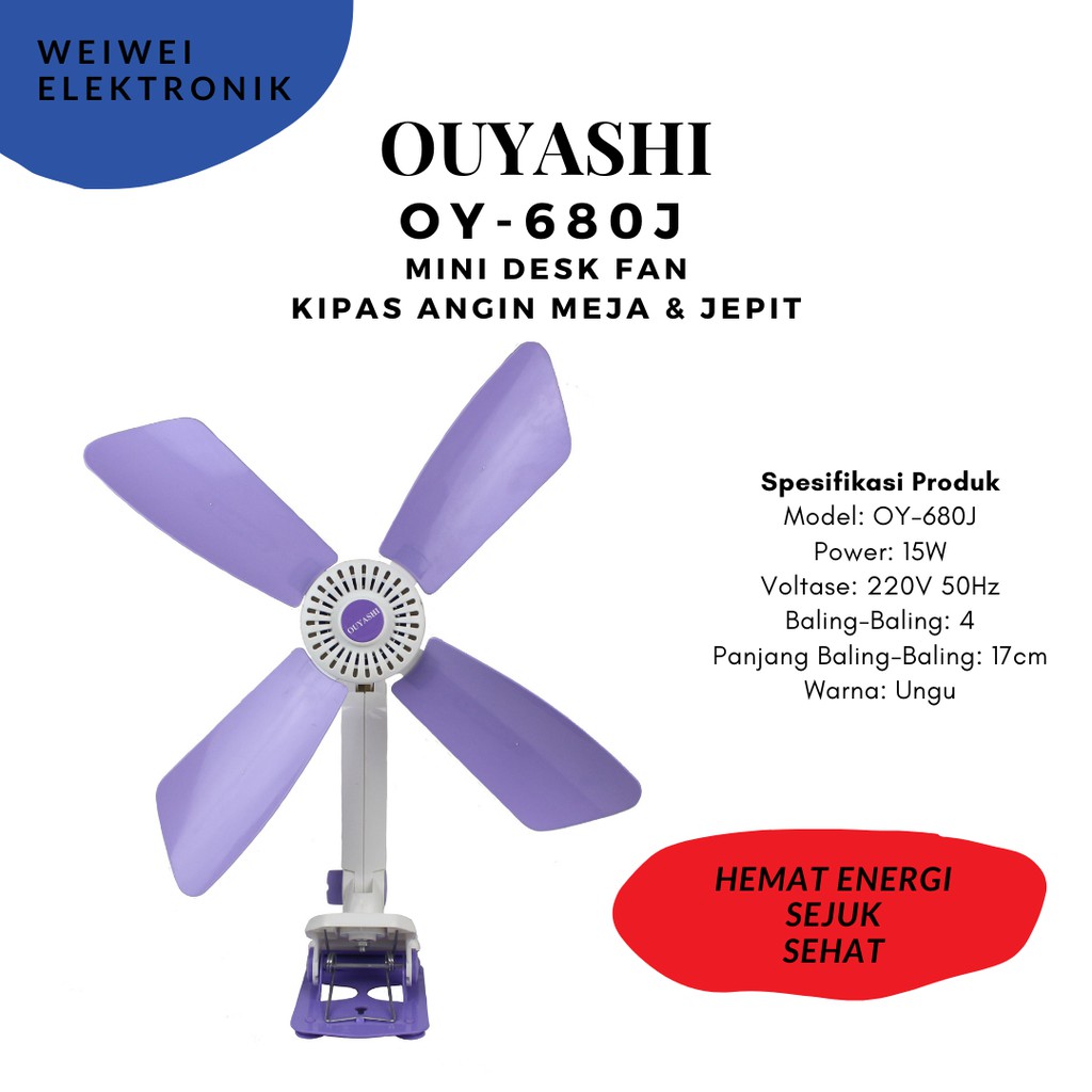 Kipas angin meja dan jepit Ouyashi OY-680J warna ungu (real pic)