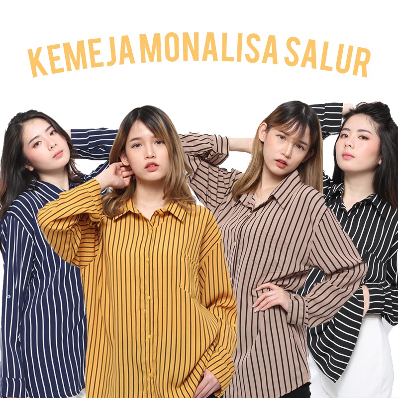 Kemeja Wanita Salur Atasan Blouse Monalisa Stripe Lengan Panjang Korean Style Motif Garis Garis Wolfis-1