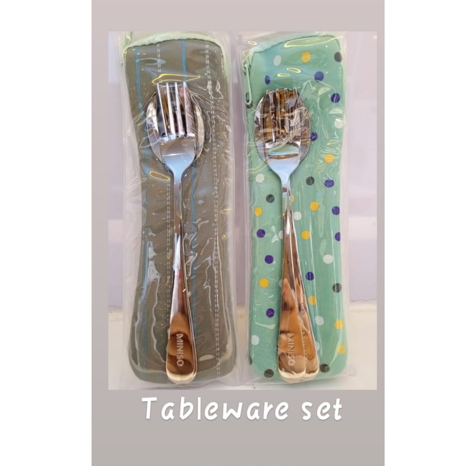 MINISO CUTLERY SET / SENDOK GARPU ATAU SENDOK SUMPIT DENGAN POUCH KAIN