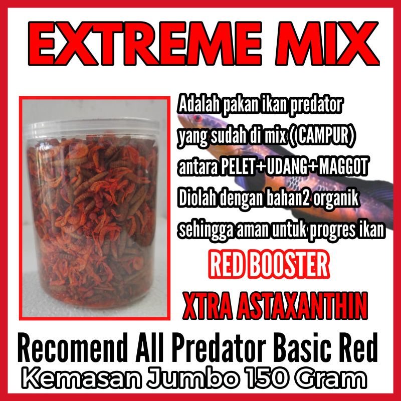 Pelet Ikan Predator [EXTREME MIX RED] Pakan campur Udang+Maggot+Pelet 150 Gram