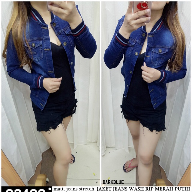 Jaket Jeans Bomber Stretch List Merah Putih Navy / Jaket Jeans Gaul / Jeans jaket