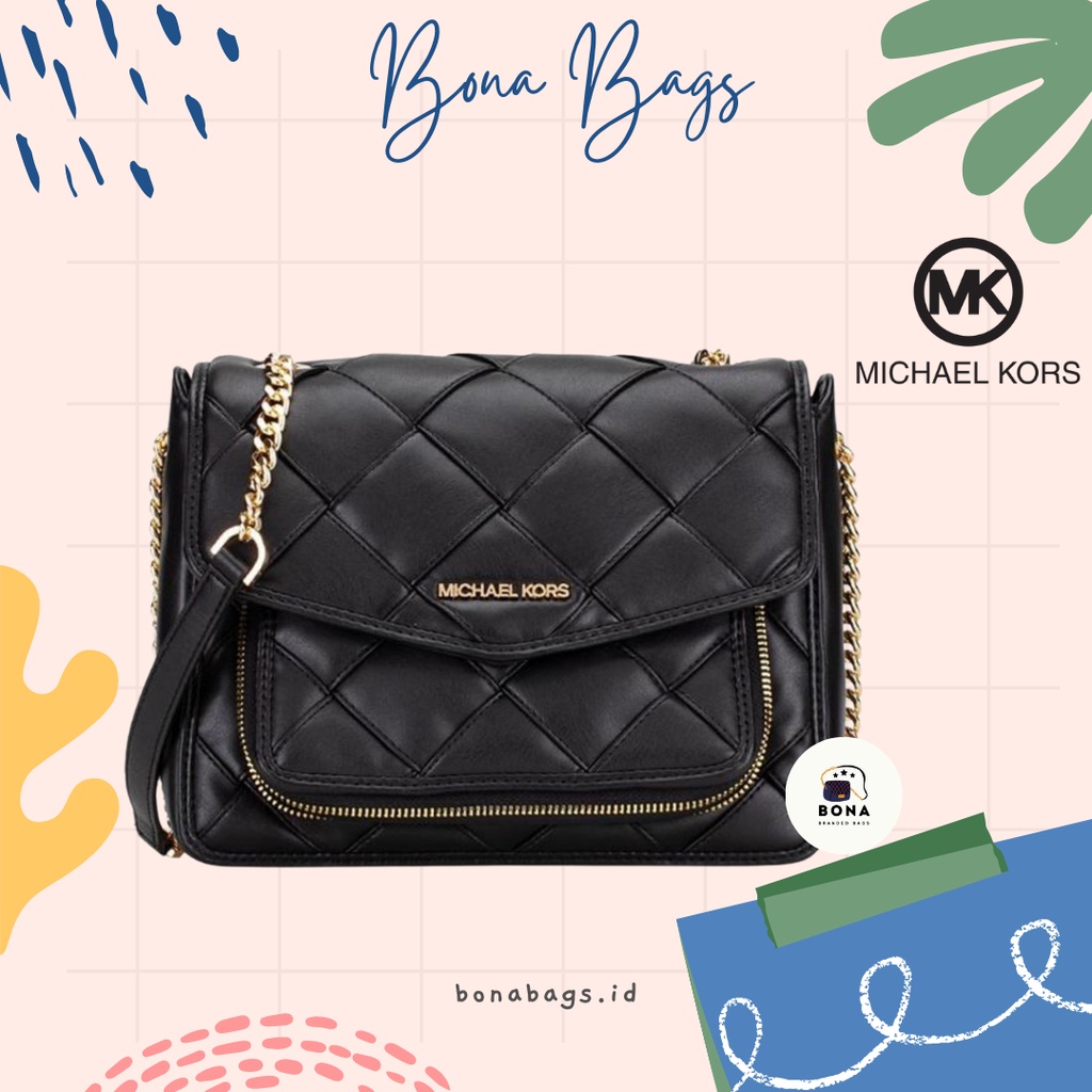 TAS MK (Regina Medium Woven Flap Shoulder Bag Black)