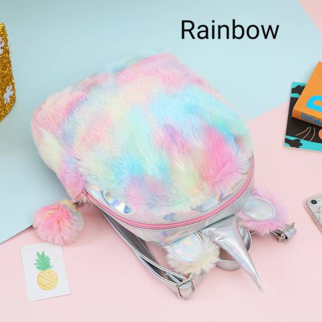 32003/4 UNICORN FLUFFY BAG / TAS UNICORN BULU RAINBOW / RANSEL PINK UNICORN ANAK IMPORT KOREA