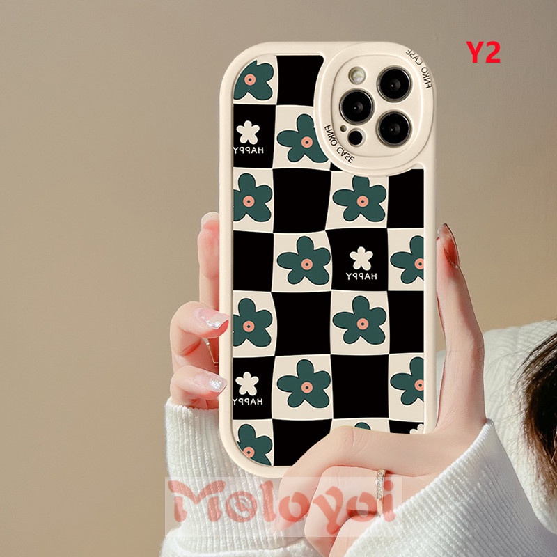 Soft Case Silikon TPU Motif Bunga Kotak-Kotak Untuk IPhone 8Plus XR 7Plus 11 12 13 Pro MAX X XS MAX 7 8 6 6s Plus SE 2020