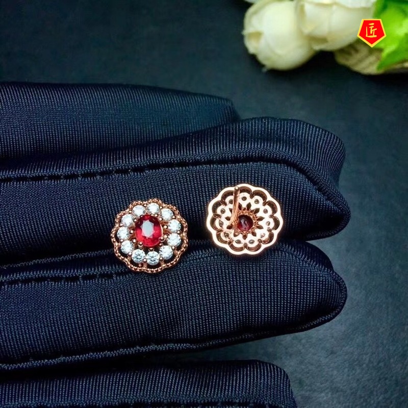 [Ready Stock]Fashion New Inlaid Garnet Full Diamond Flower Stud Earrings