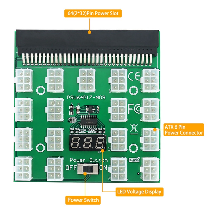 Btsg Server PSU Papan Konversi Daya 17port ATX 6pin Adapter Card 12V Graphics Power Supply Board Untuk Ethereum BTC M