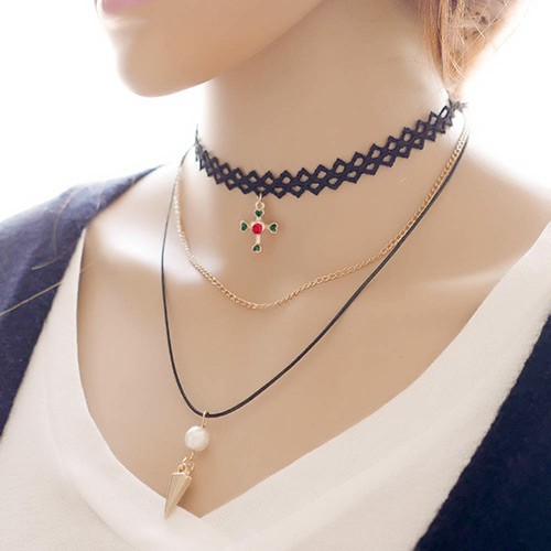 LRC Kalung wanita Vintage Black Cross Pendant Decorated Mutilayer Simple Choker C71028