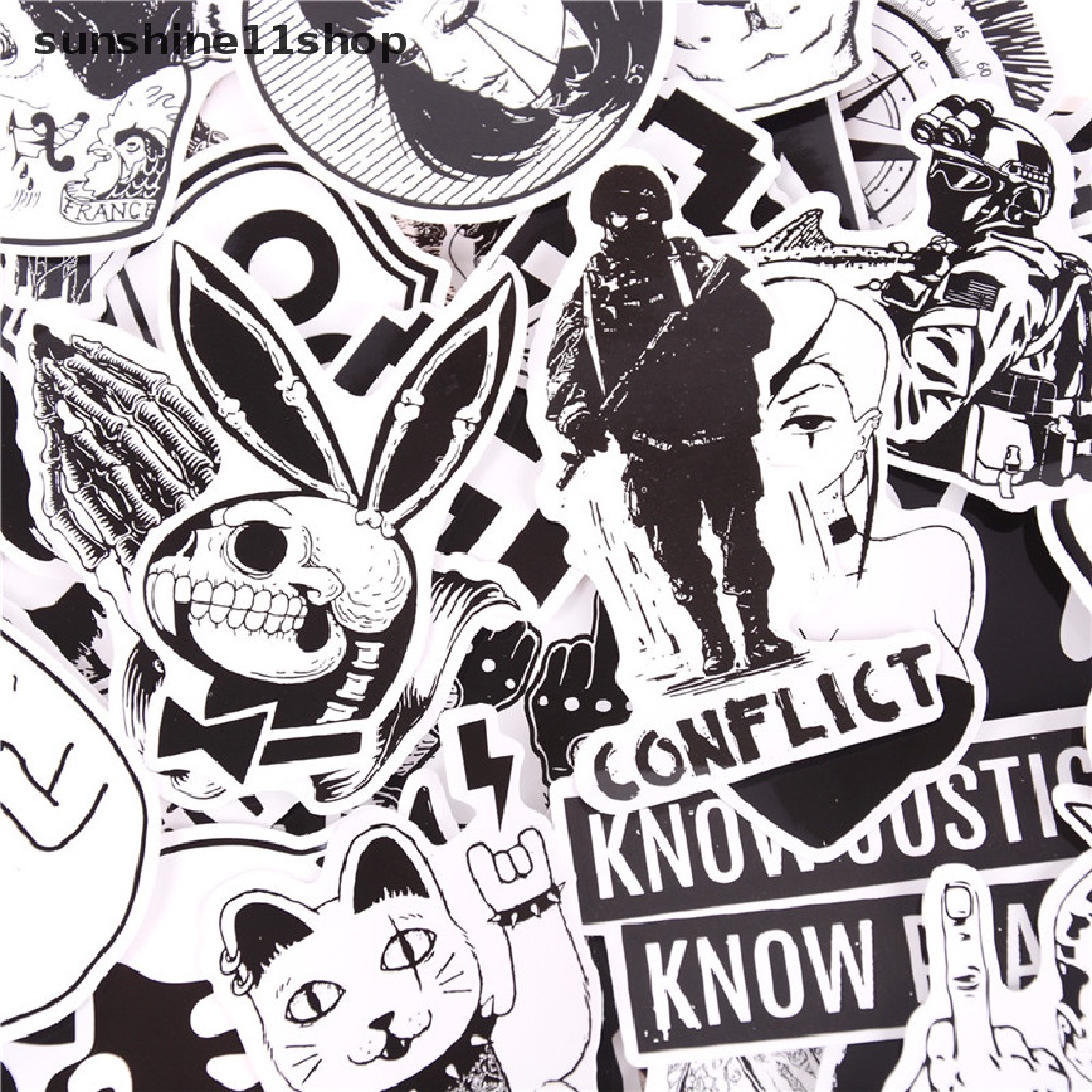 Sho 100Pcs Stiker Graffiti Bahan PVC Warna Hitam Putih Untuk Skateboard / Koper / Laptop