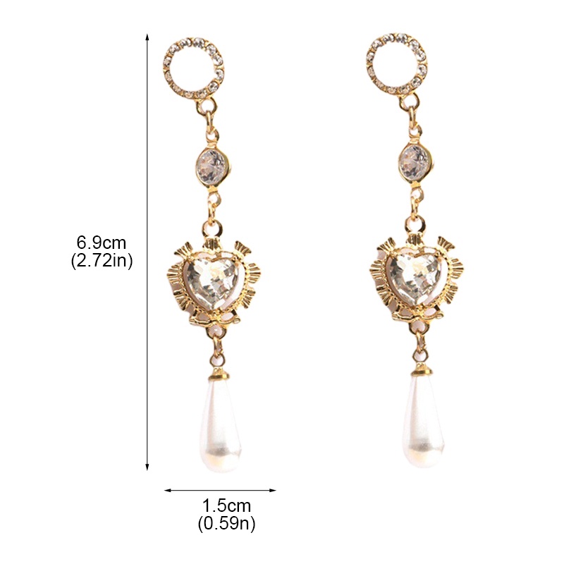Anting Menjuntai Bentuk Hati Aksen Kristal Mutiara Bahan Alloy Gaya Korea Untuk Wanita