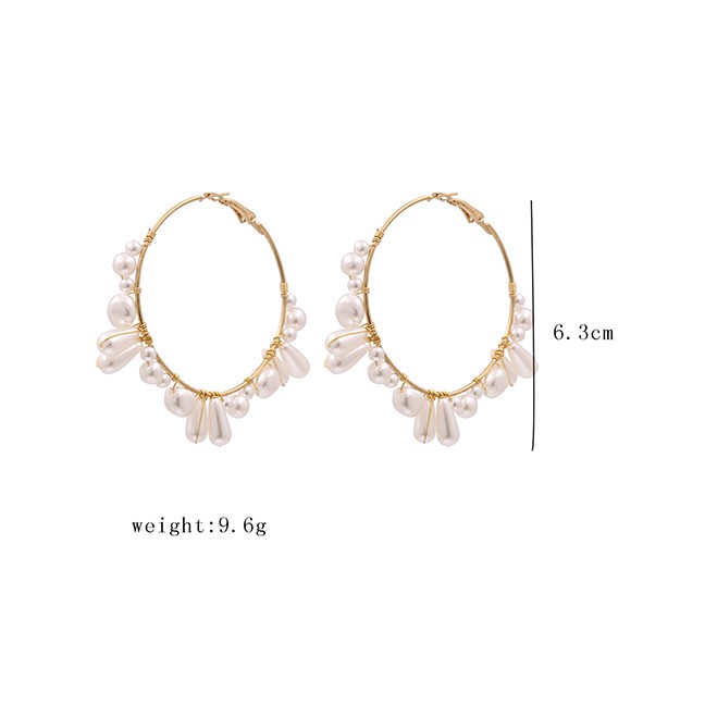 LRC Anting Tusuk Fashion Golden Pearl Winding Large Hoop Alloy Earrings  K43558