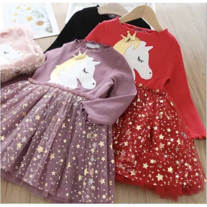 SALE PROMO Dress Anak Perempuan Import Unicorn Star Tutu Baju Anak Lucu Cantik Warna Hitam Ungu Kado Ultah || Dress ulangtahun anak || Baju Pesta Anak