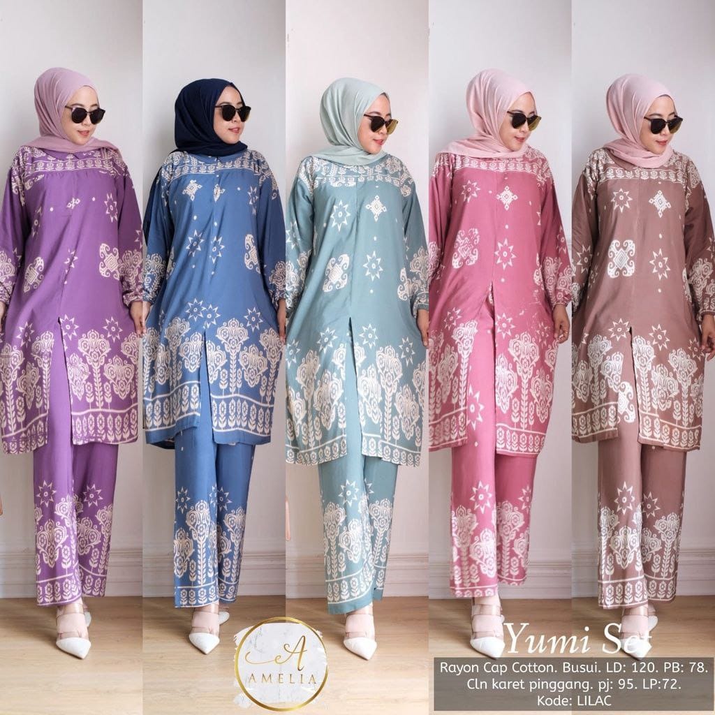 Setelan Rayon Yumi Set Long Tunik LD 120 Motif Batik Cap Print Soft Color Cotton Rayon Setelan Wanita Tiedye