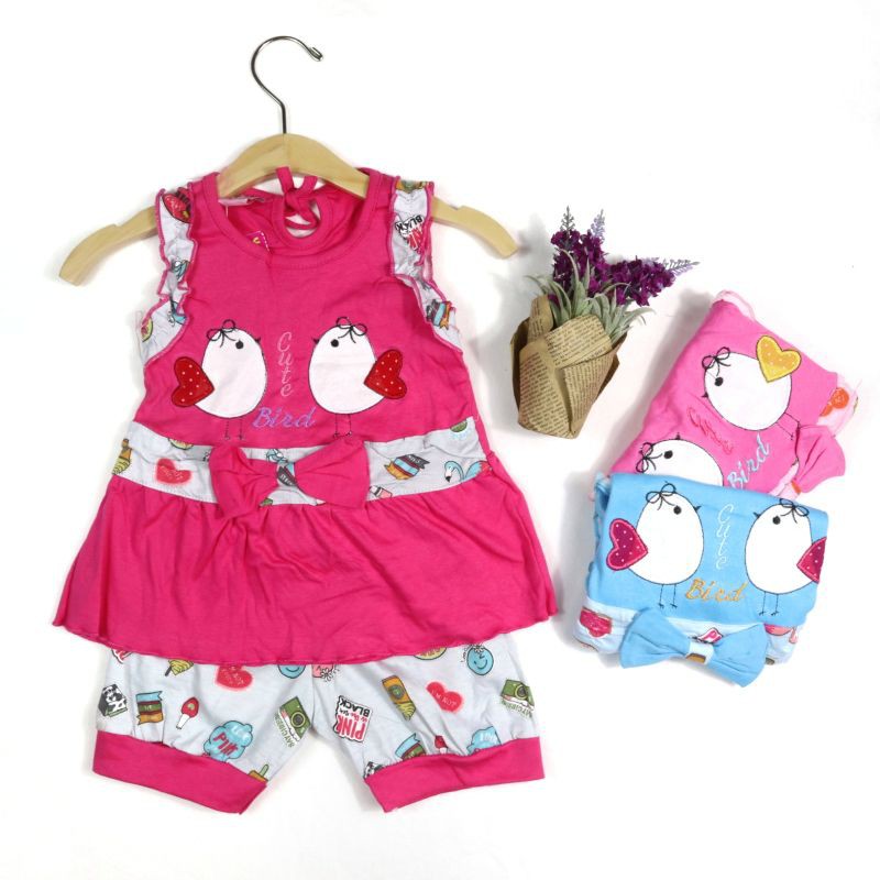 SETELAN BABY FASHION BAJU ANAK CEWEK MOTIF TWO BIRDS SR129 1 TAHUN BORBIR