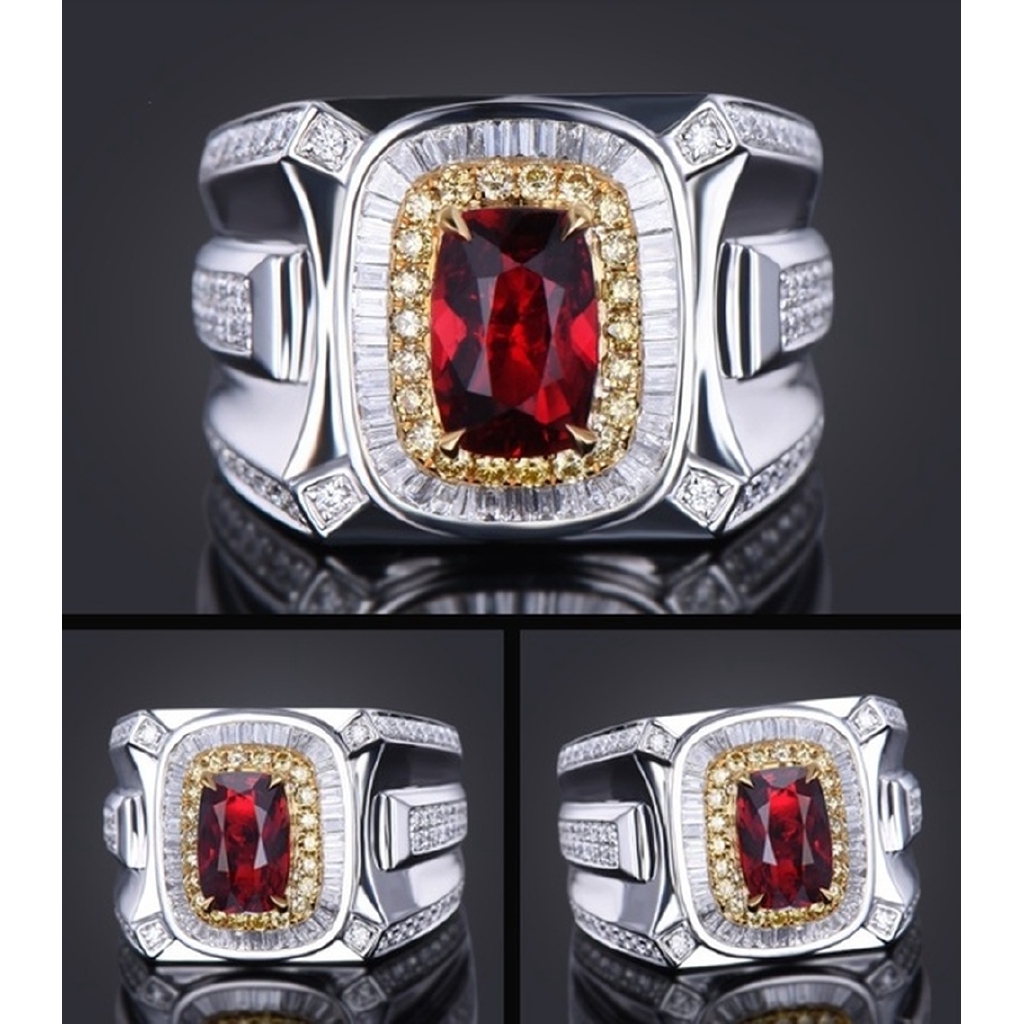 Cincin Kawin Rubi Bertatahkan Emas Putih Mewah Fashion Perhiasan Pria Wanita Berlian Batu Permata Kristal Merah Silver Rings