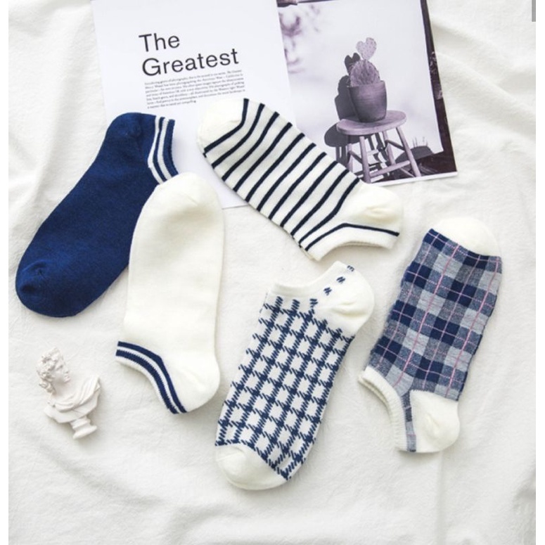 [ COD ] Kaos Kaki Wanita Pria Unisex Motif Garis Kotak Simple Polos Biru Dongker / Kaoskaki Wanita Pendek Semata Kaki / Kaos Kaki Korea Style-Putih