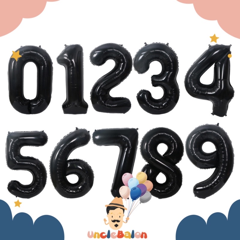 Balon Angka HITAM 0-9 Ukuran 40cm / Balon Angka / Balon Pesta / Balon Ulang Tahun