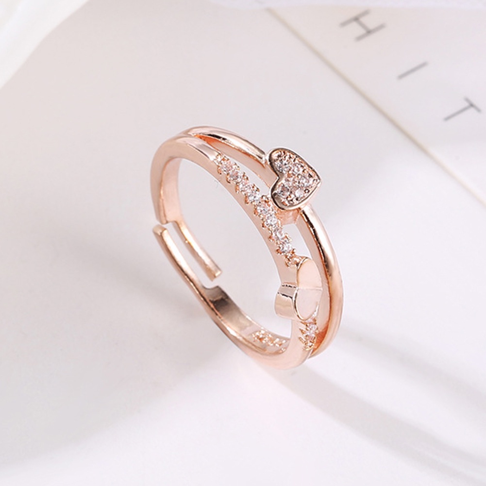 Hu Hu Hu Hu Hu Alat Bantu Pasang Kacamata♡ Cincin Model Terbuka Desain Hati Ganda Hollow Hias Berlian Imitasi Untuk Wanita