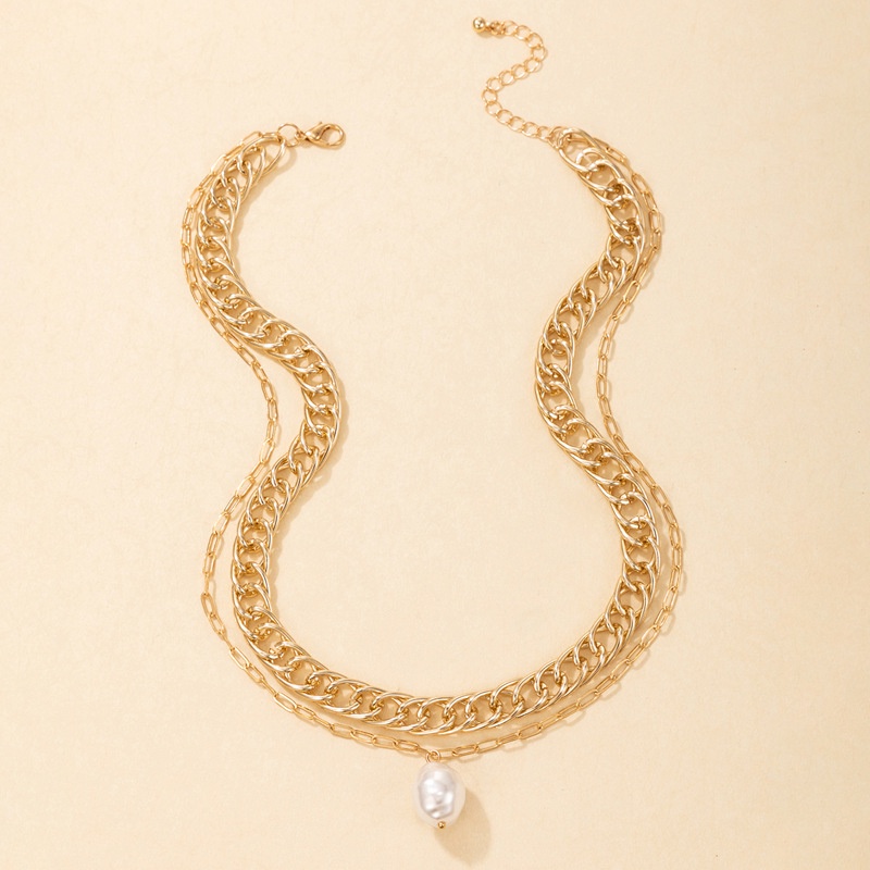 Set Kalung Rantai Banyak Lapis Aksen Mutiara Tebal Gaya hip hop punk