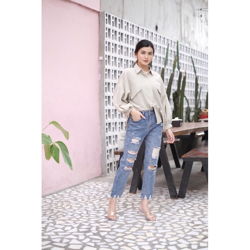 VIERLIN - Jeans 8828 - CELANA JEANS SOBEK WANITA RIPPED HIGHWAIST