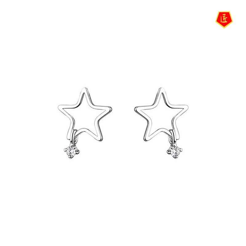 [Ready Stock]Fairy S925 Silver Hollow Five-Pointed Star Diamond Earrings