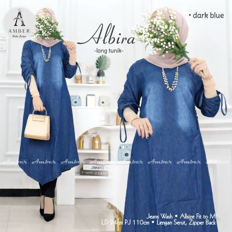 Tunik polos panjang bahan jeans import tebal ALBIRA LONG Tunic  ori by AMBER