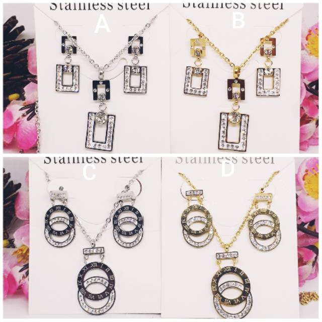 Kalung set titanium asli anti karat permata zircon uk45Cm