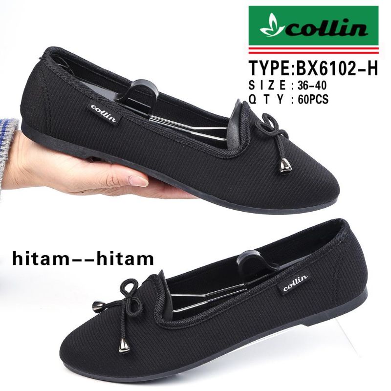 Sepatu wanita colin balet flat shoes kain perempuan hitam kekinian 2022-Hitam garis (6102)