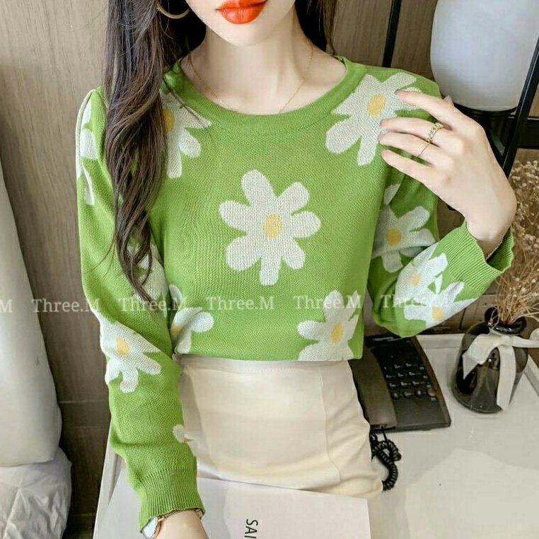 48211 Baju atasan blouse rajut knit wanita import baju atasan blouse rajut motif bunga cewek import