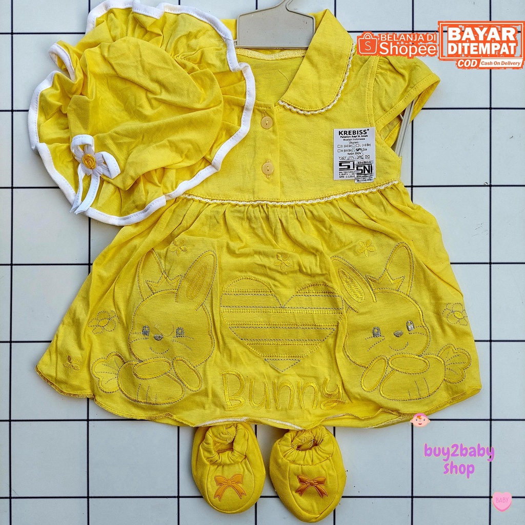 Setelan Dress Bayi Cewek lengkap Topi Pita dan Sepatu Set Vinata 0-3 bulan 1 PCS