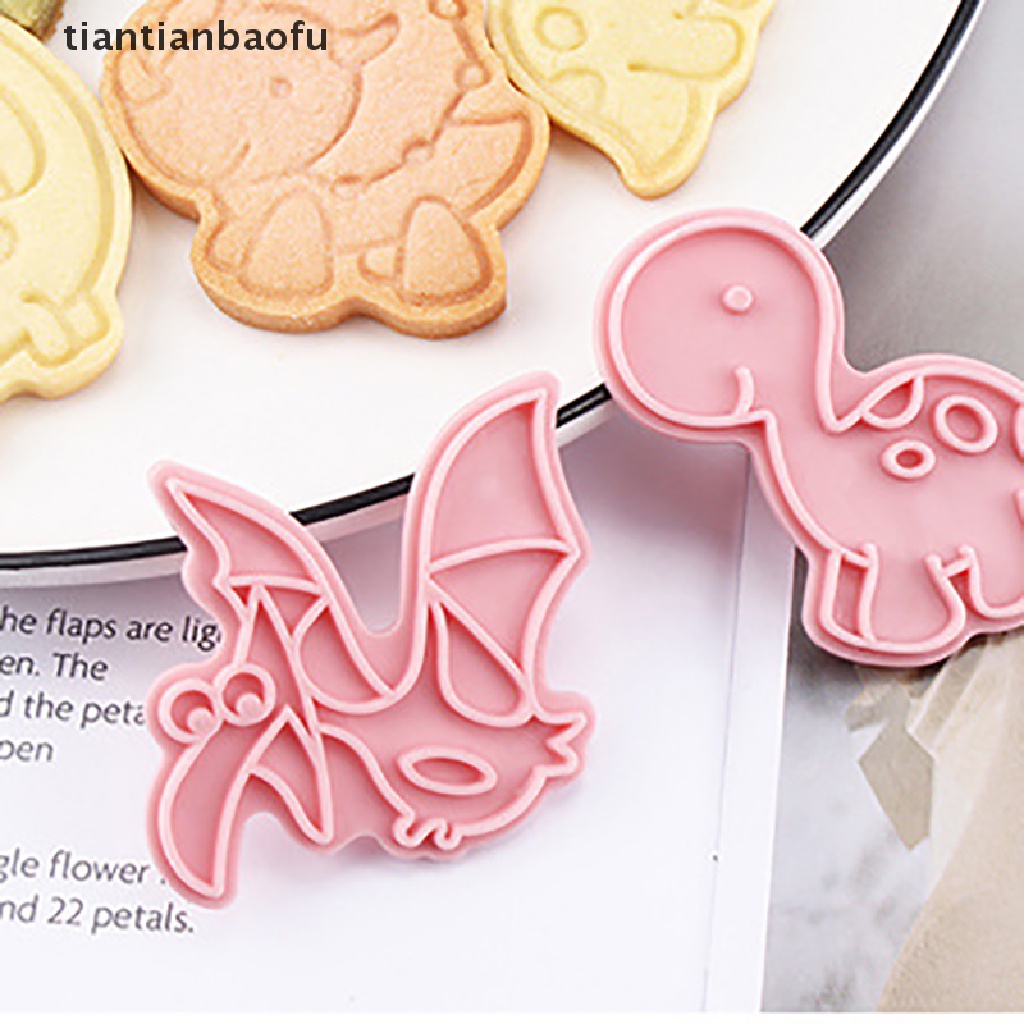 6 Pcs / set Stempel Pemotong Kue / Biskuit Bentuk Kartun Dinosaurus 3D Bahan Plastik