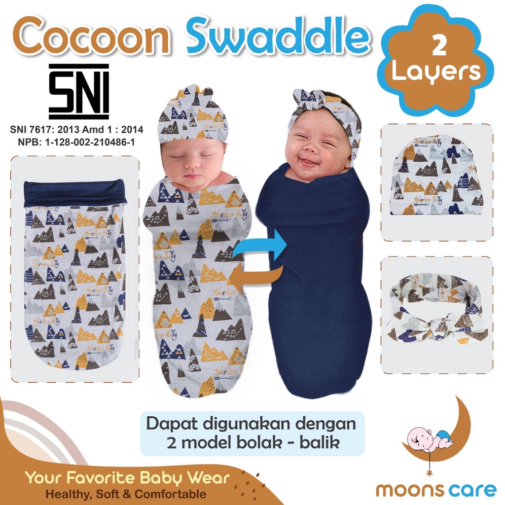 SNI Dita Moonscare Bedong cocoon 2 LAPIS instan bolak balik dita bedong motif bedong polos cocoon swaddle