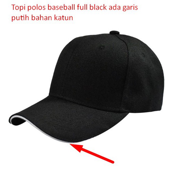 Topi polos baseball full black ada garis putih bahan katun