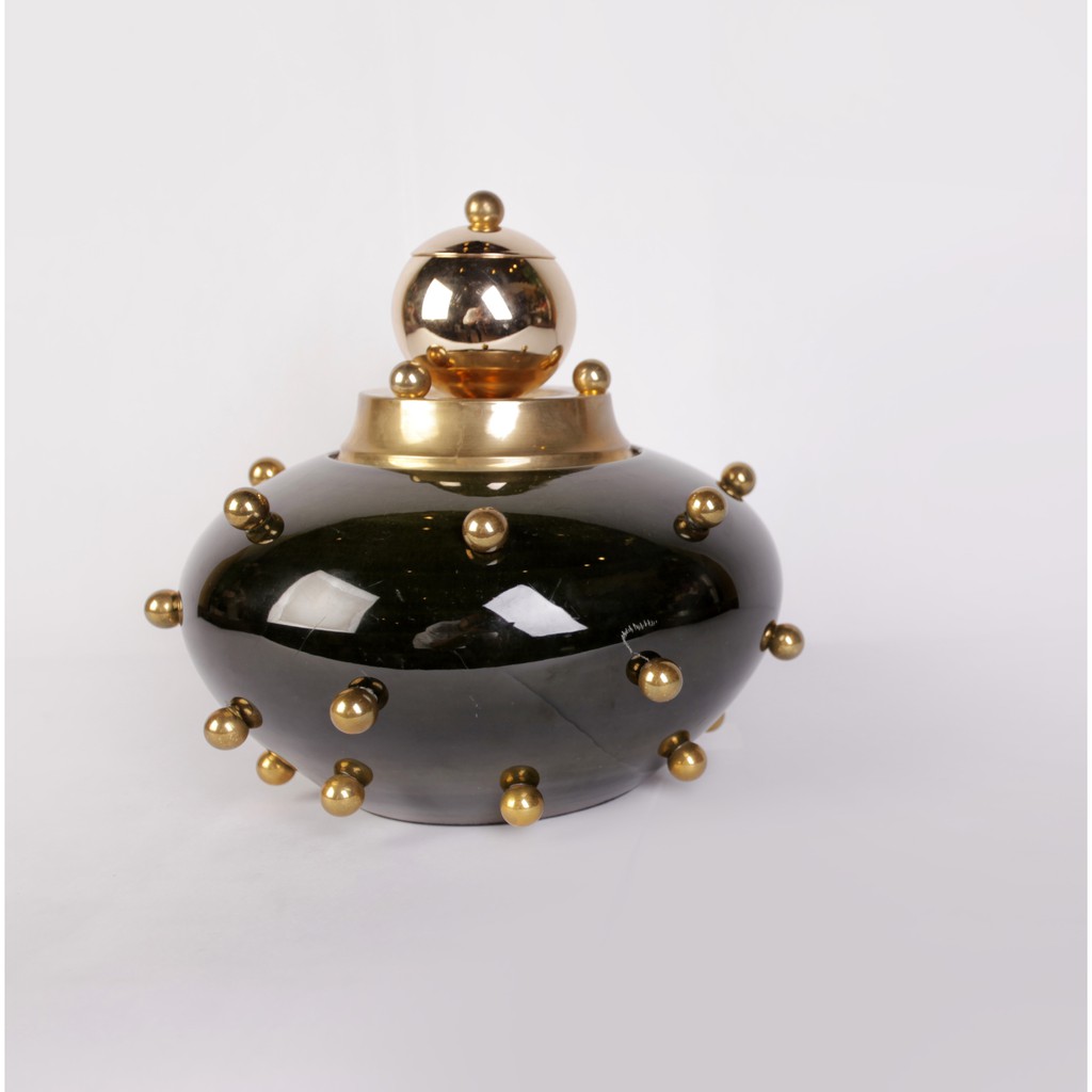 Vas Tutup Motif Pentol/Guci Hijau Gold/Hiasan Meja/Lemari