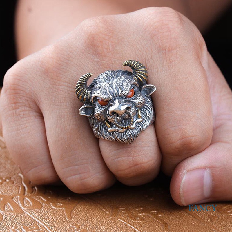 Cincin Model Terbuka Desain Kepala Banteng Gaya Klasiktrendy Adjustable Untuk Pria