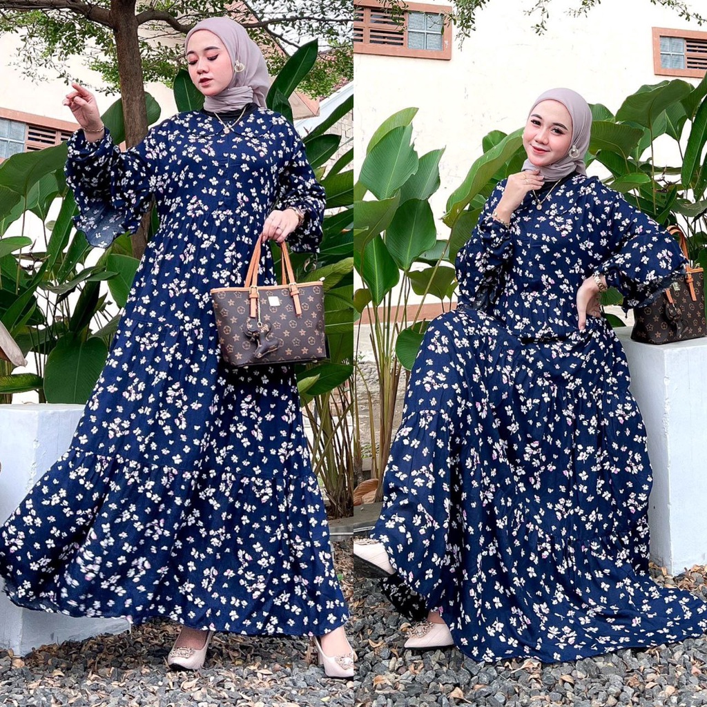 Gamis Terbaru  Flower Rayon Viscose Premium Dress Wanita Lengan Panjang Longdress Bunga LD 110 cm