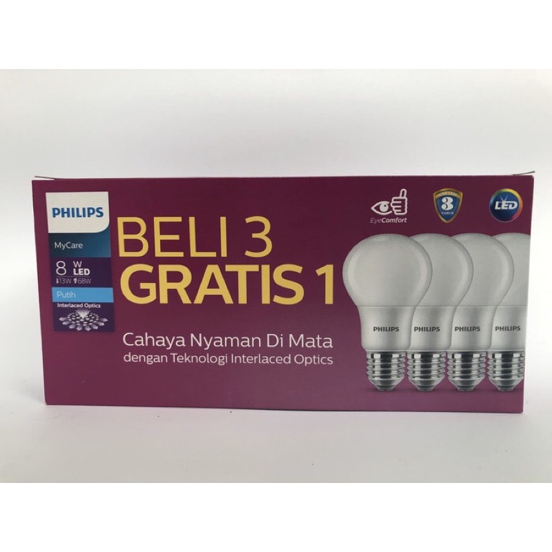 Lampu Led Philips 8 Watt 3+1 (1 paket isi 4 pcs)
