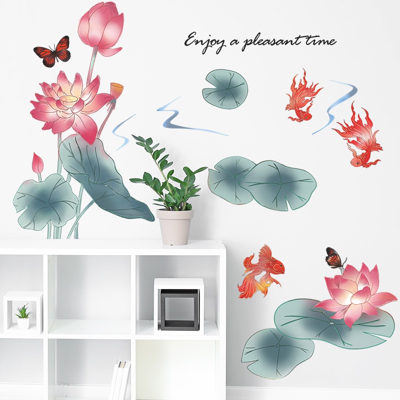 2pcs / set Stiker Dinding Desain Lotus Pond Dan Lotus Koi Butterfly Floral Gaya China Untuk Dekorasi Kamar Tidur