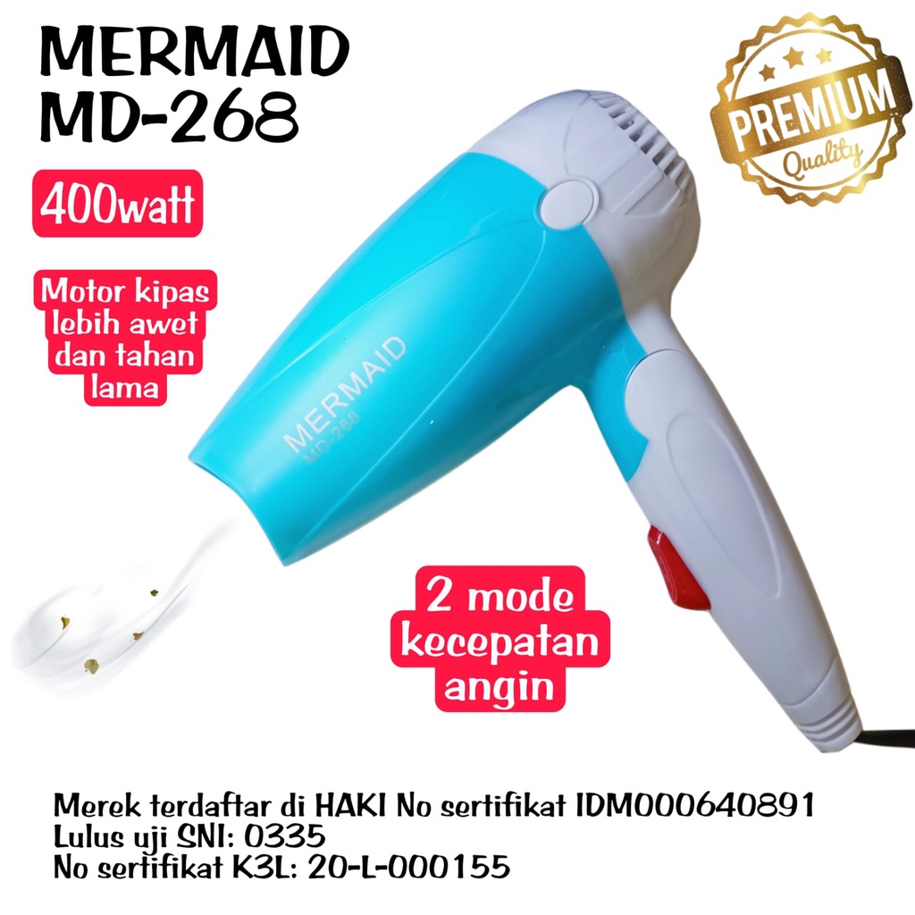 Hair Dryer Pengering Rambut Mini Lipat Mermaid MD-268 ORI