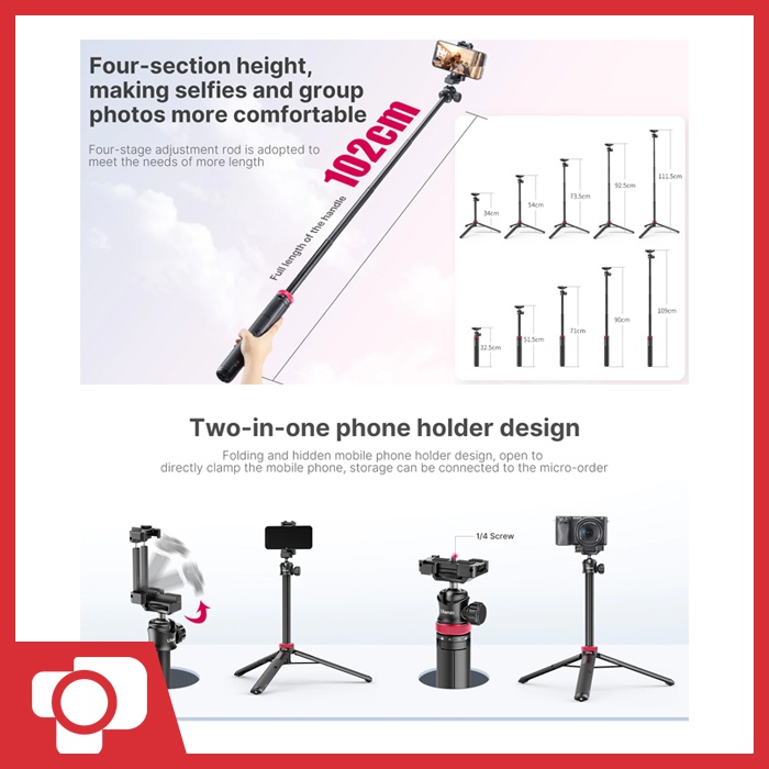 Ulanzi MT-44 Black Mini Tripod Selfie Stick For Camera Smartphone