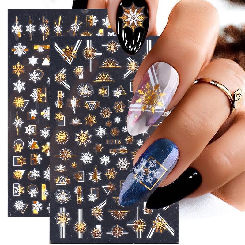 1 Sheet Pack  3D Christmas Gold Silver Snowflakes Nail Foils / 3D Self-Adhesive Tree Bells Elk Snowflake Paper Nails Stickers / Manicure Art Decorations / DIY Nail Decor Tools