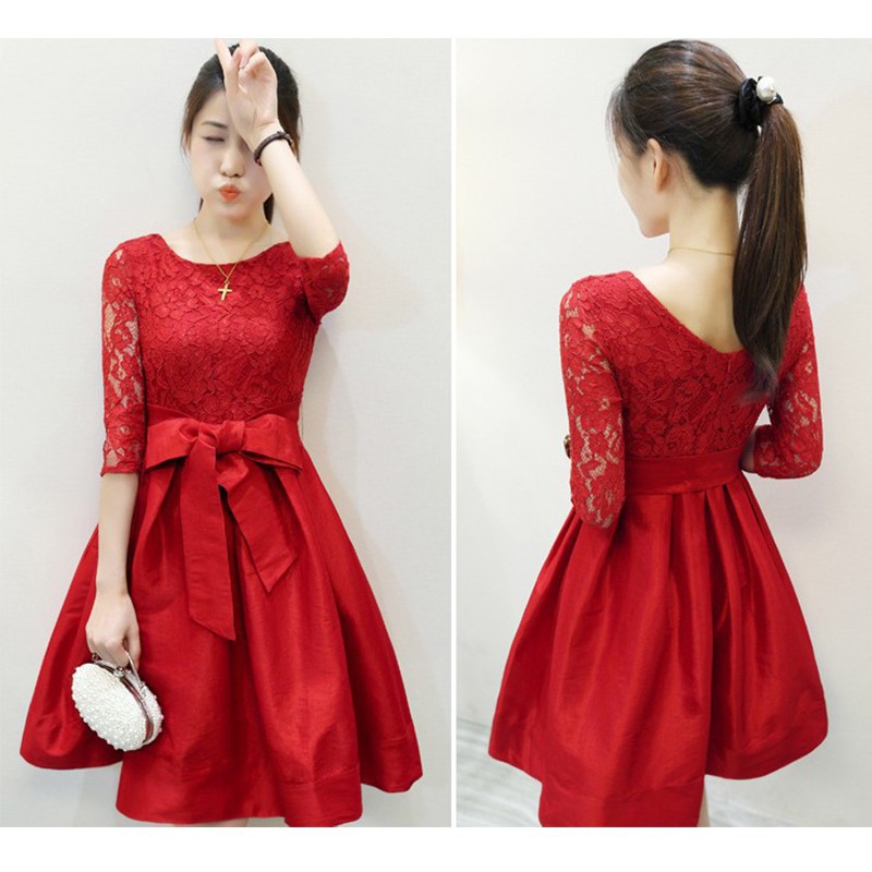 Dress Midi Korea O-Neck Lengan 3 / 4 Aksen Renda Warna Polos untuk Wanita