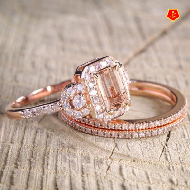[Ready Stock]18K Rose Gold Ring Set Micro-Inlaid Gem Creative Elegant Graceful