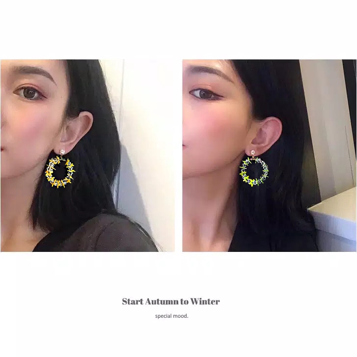 Anting Tusuk Diamod Ala Korea Model Ring Kombinasi Kristal Dan Bunga 411