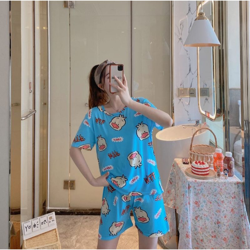 NEW SET PIYAMA IMPORT / SLEEPWEAR / BAJU TIDUR MURAH-Set chiken biru