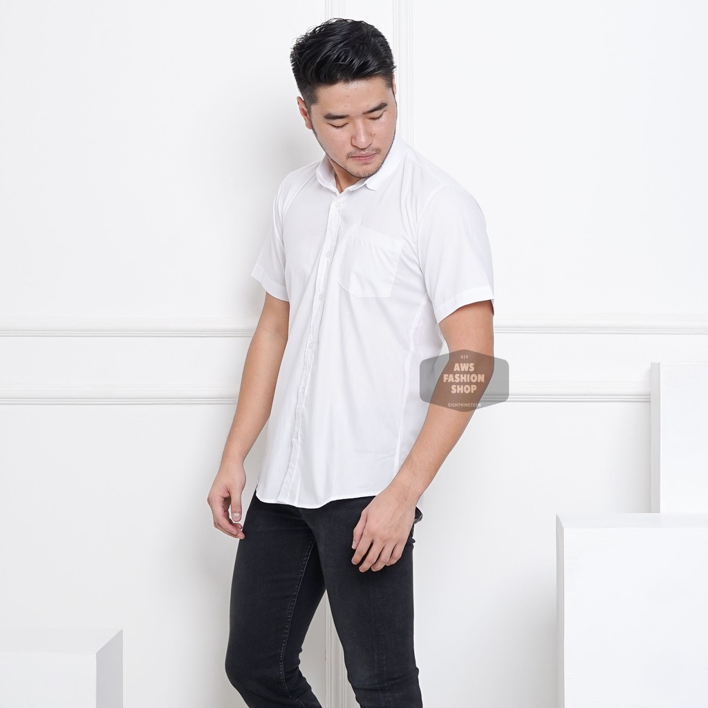 KEMEJA PRIA LENGAN PENDEK COWOK PUTIH POLOS FORMAL CASUAL KEREN 3295