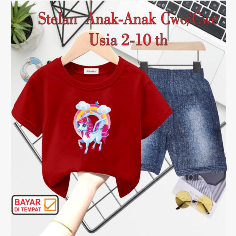 ((IB))SETELAN ANAK PEREMPUAN SEMI JEANS/KUDA PONI DIGITAL SABLON