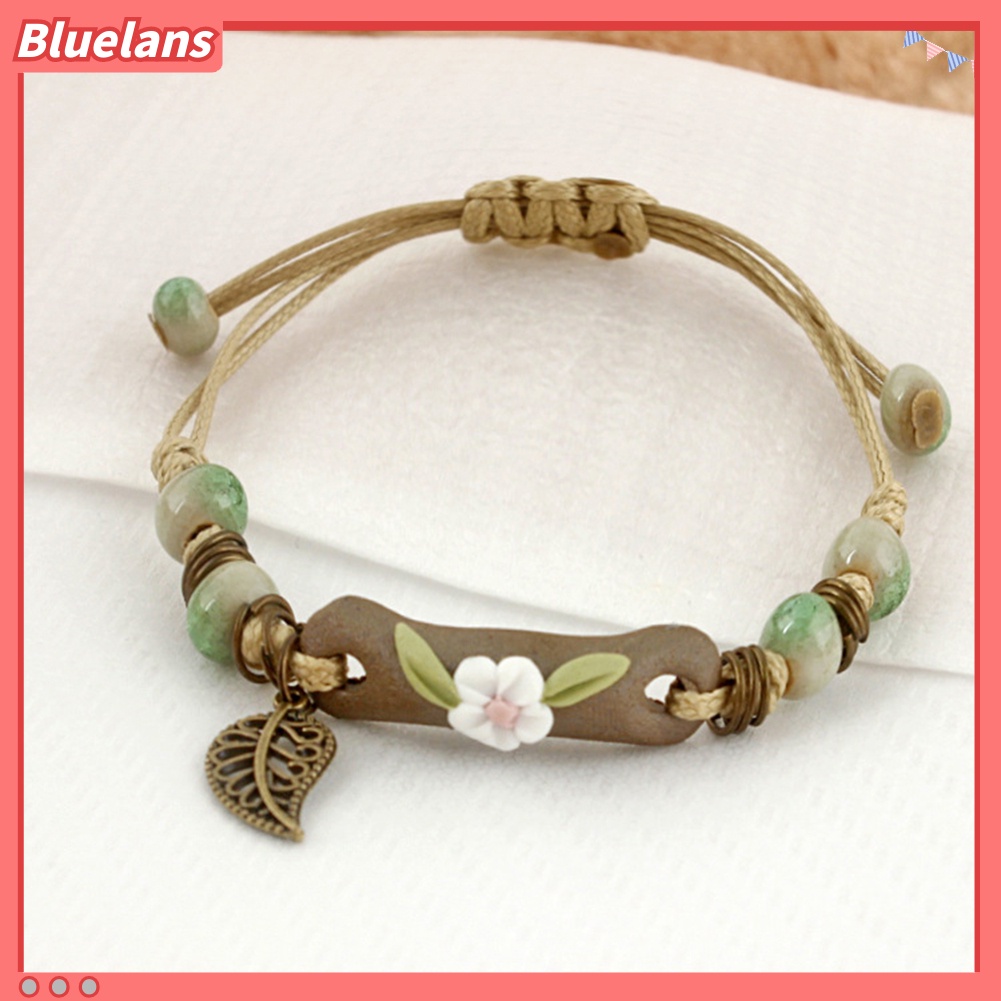 Bluelans Fashion Women Flower Leaf Porcelain Charm Woven Bracelet Adjustable Jewelry Gift